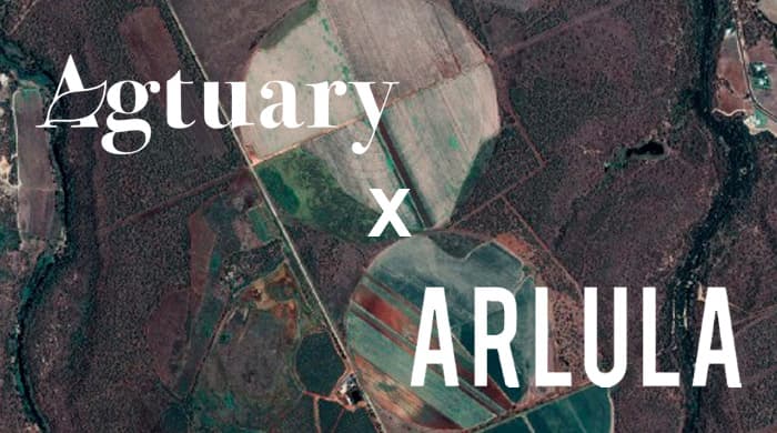 Agtuary and Arlula names over a satellite view of farmland