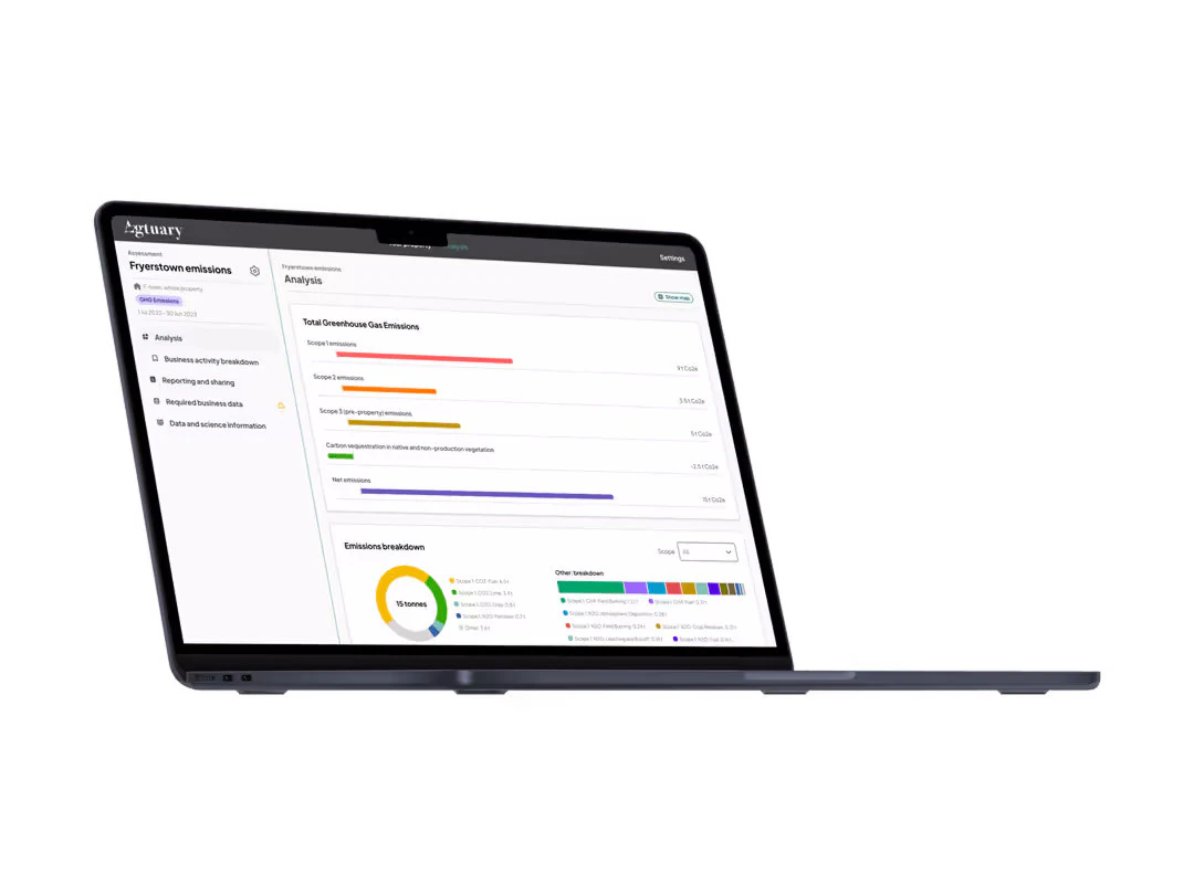 Agtuary emissions dashboard on a laptop showing Scope 1, 2 and 3 totals