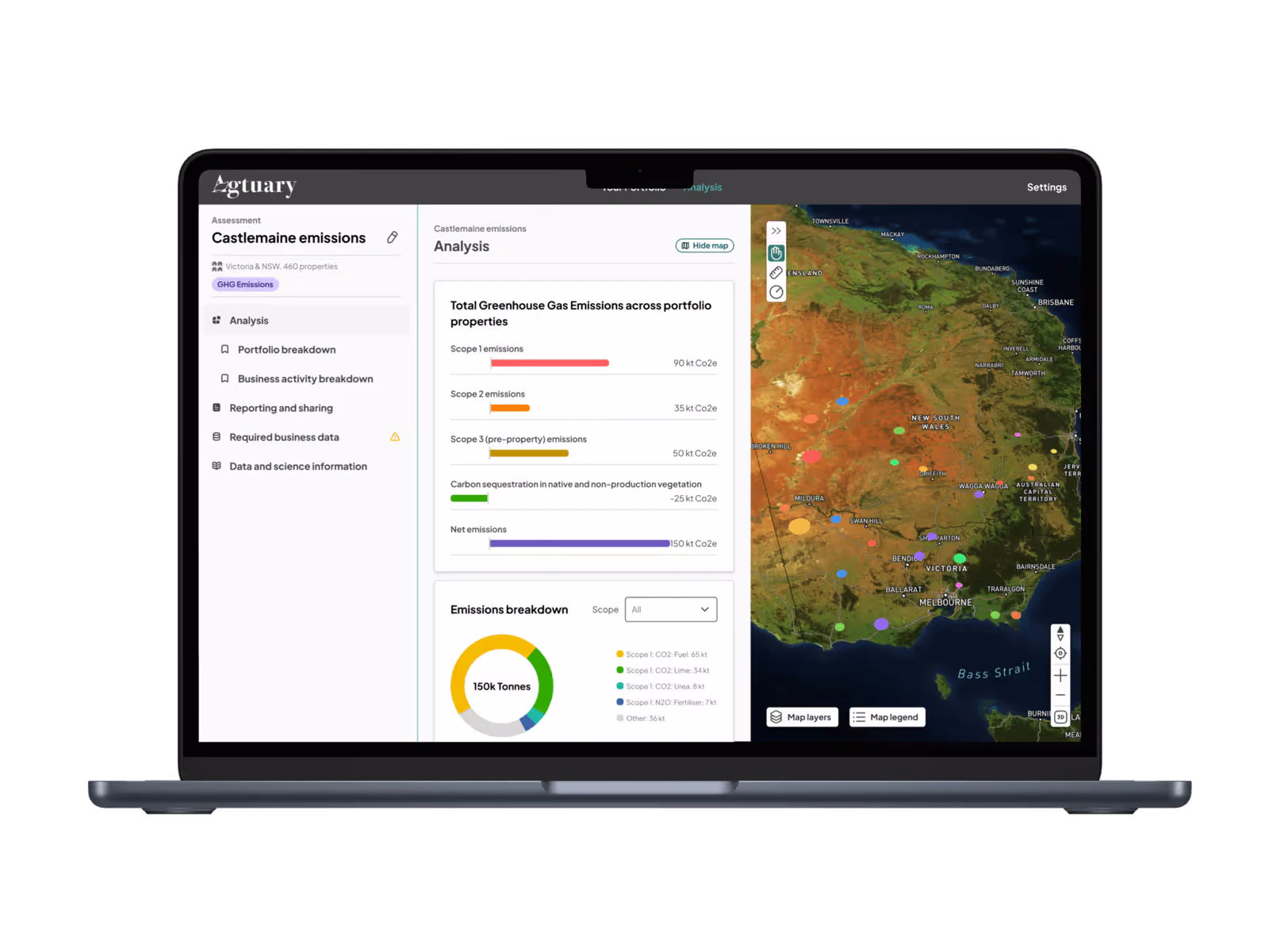Agtuary emissions dashboard showing portfolio totals beside a map of Victorian properties