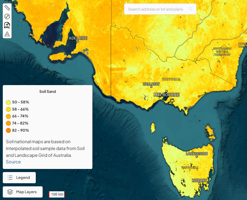 Soil sand percentage map for south-eastern Australia