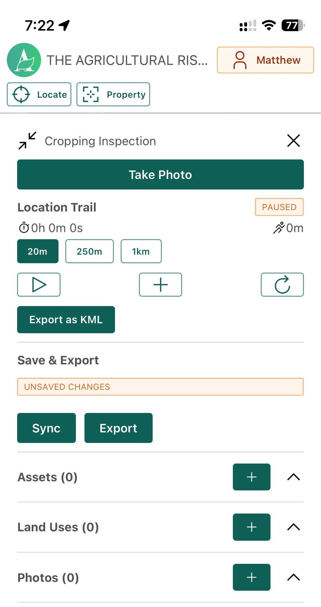 Mobile cropping inspection screen with photo, GPS trail, sync and export controls