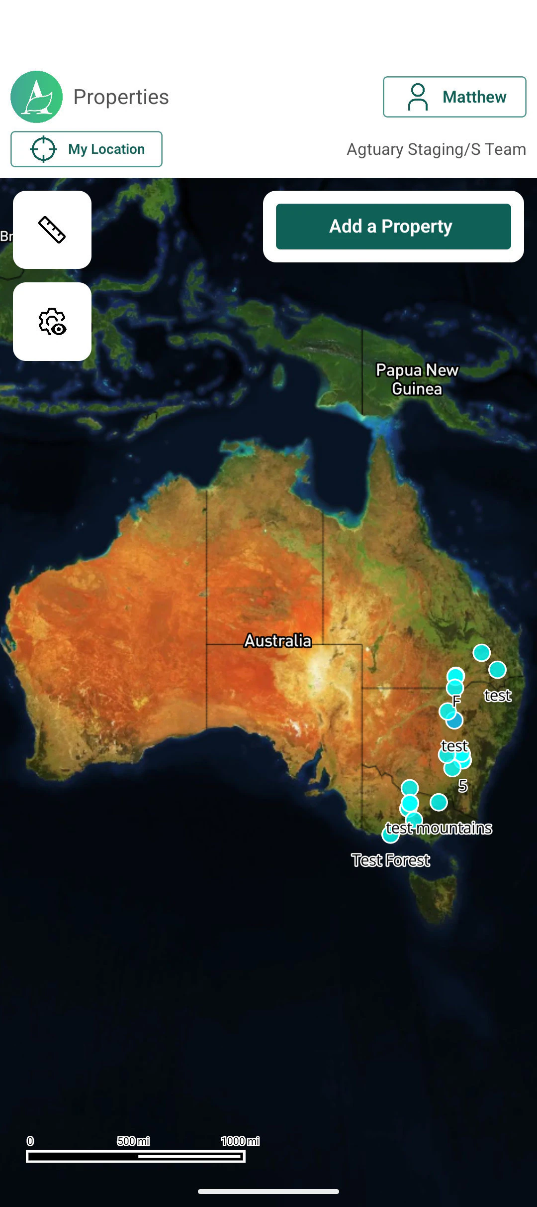 Agtuary mobile app map showing property locations across Australia