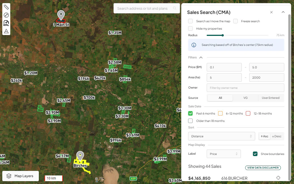 CMA map showing rural sale prices and search filters around Birches