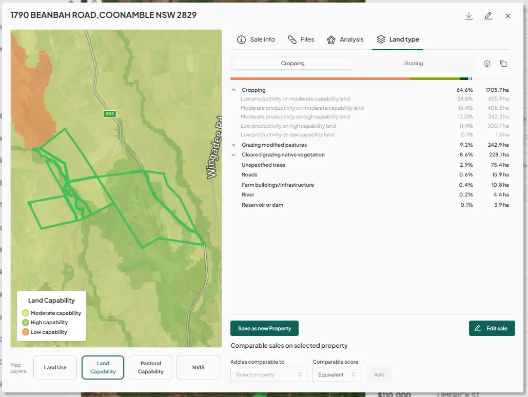 Sale breakdown screen showing land capability map and cropping, grazing and land-type percentages for a rural property